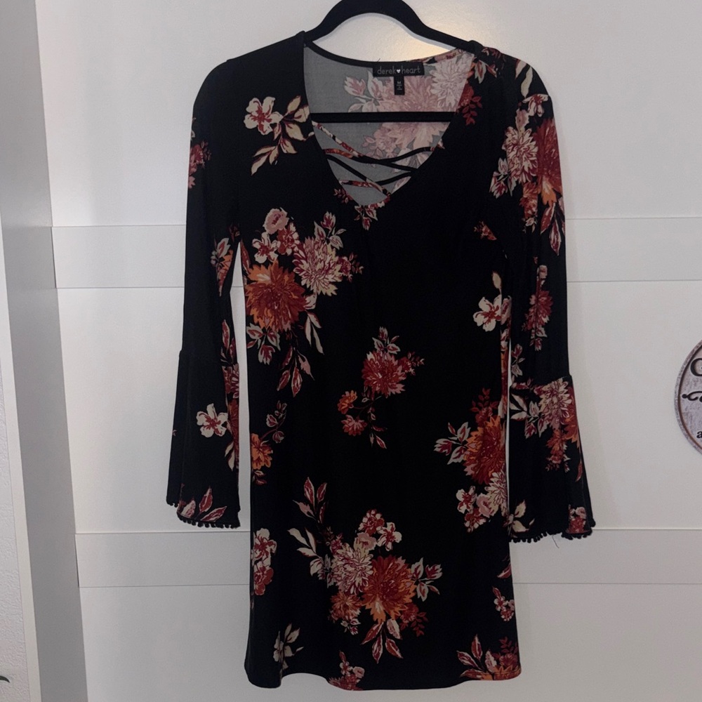 Black Floral V-Neck Bell Sleeve Dress
